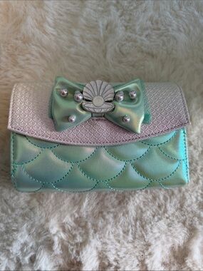 Iridescent Disney Loungefly “Little Mermaid” Mint Bow Wallet with Shell Accent